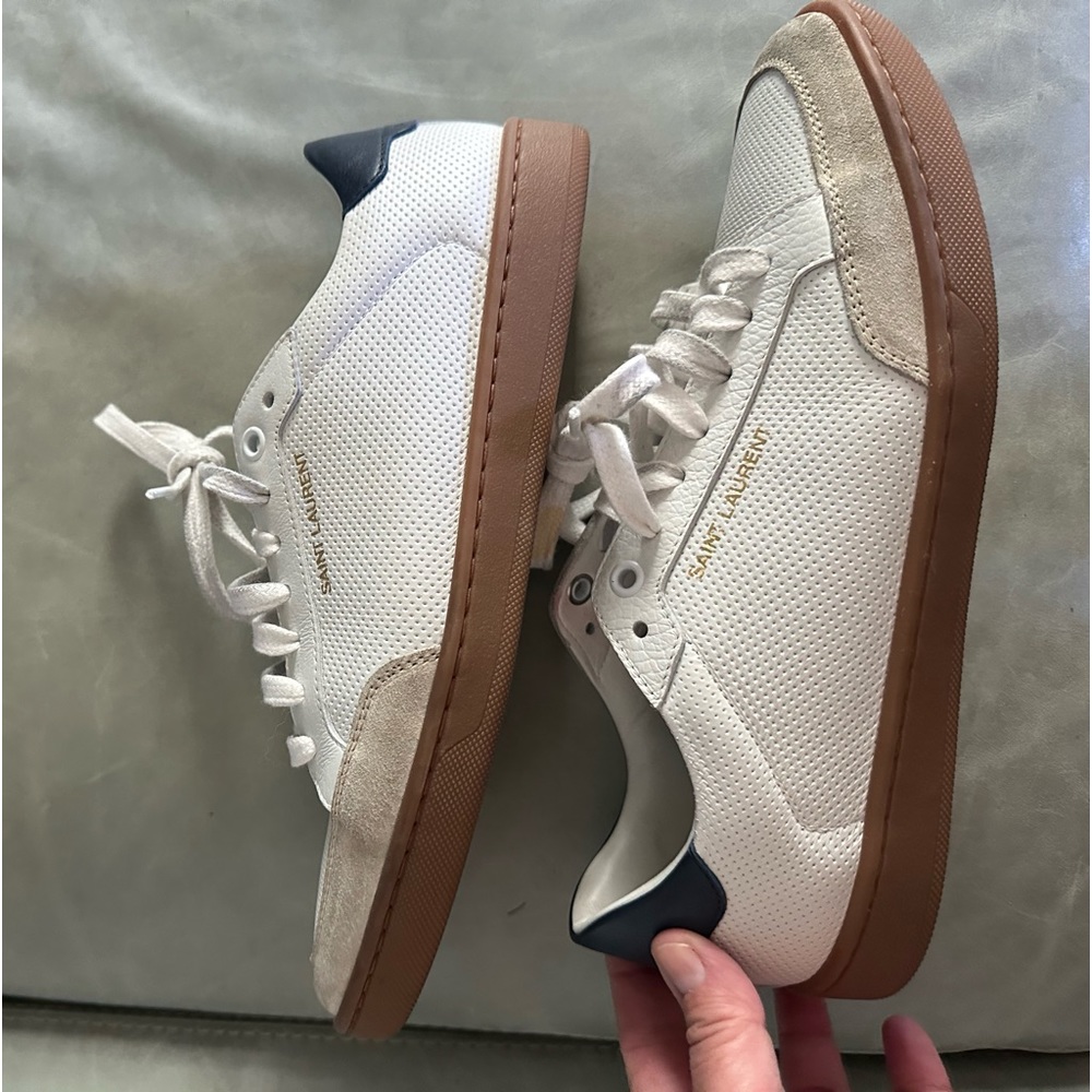 Saint Laurent YSL sneakers. White with blue and red accents. Size 37